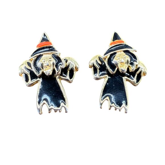 Halloween Witch Earrings Enamel Gold Tone Black Dangle Drop Spooky Festive EUC - Picture 2 of 13